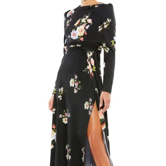 Mac Duggal Black Floral Empire Waist Long Sleeve Dress